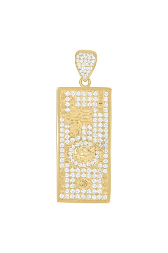 10K Yellow Gold Round CZ Men's Iced Out Charm Benjamin $100 Dollar Bill Pendant