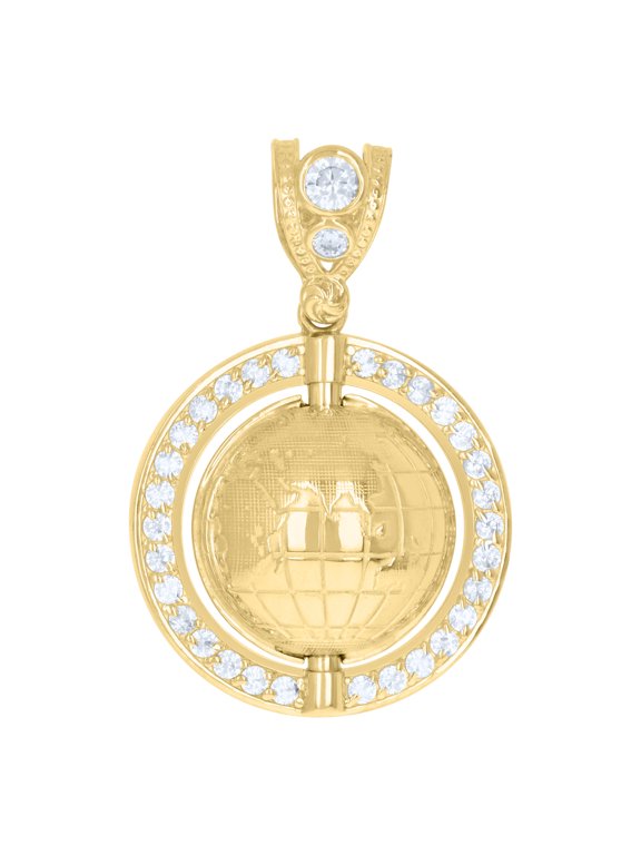 10K Yellow Gold Round CZ Mens 1.65" Round Frame Charm World Map 3D Globe Pendant