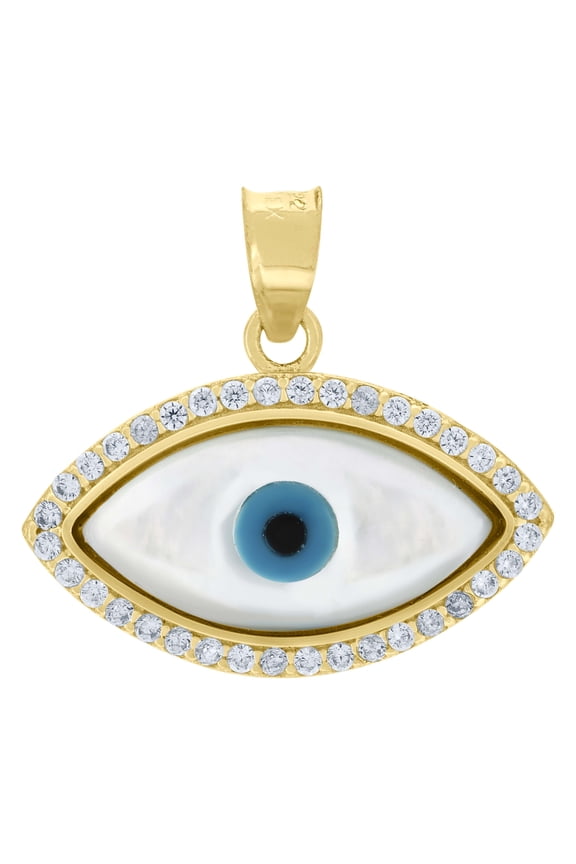 10K Yellow Gold Round CZ Unisex 0.75" Good Luck Charm Enameled Evil Eye Pendant