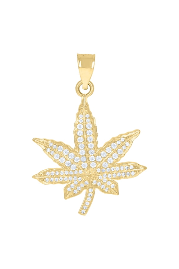 10K Yellow Gold Round CZ Unisex 1.30" Iced Out Charm Weed Marijuana Leaf Pendant