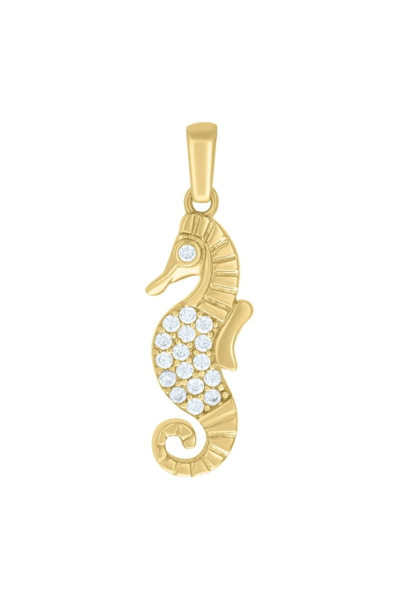 10K Yellow Gold Round CZ Women's 0.95" Ocean Life Fish Charm Sea Horse Pendant
