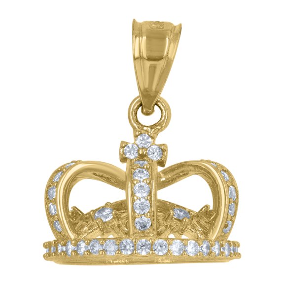 10K Yellow Gold Round Cut CZ Men's 0.75" Royalty Charm 3D King's Crown Pendant