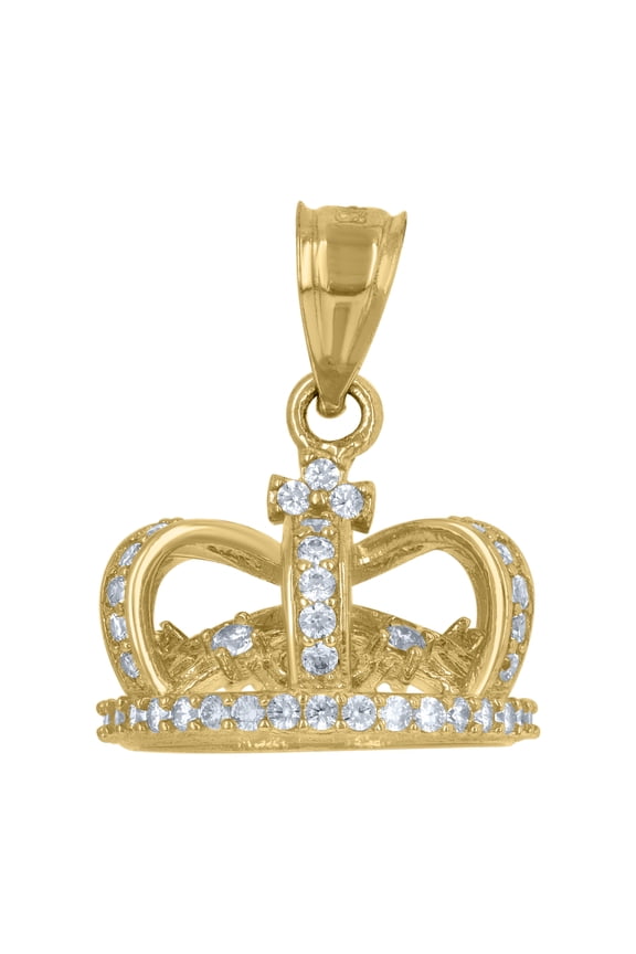 10K Yellow Gold Round Cut CZ Men's 0.75" Royalty Charm 3D King's Crown Pendant
