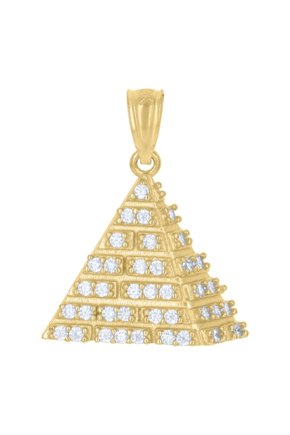 10K Yellow Gold Round Cut CZ Men's 0.80" Egyptian Charm 2-Sided Pyramid Pendant