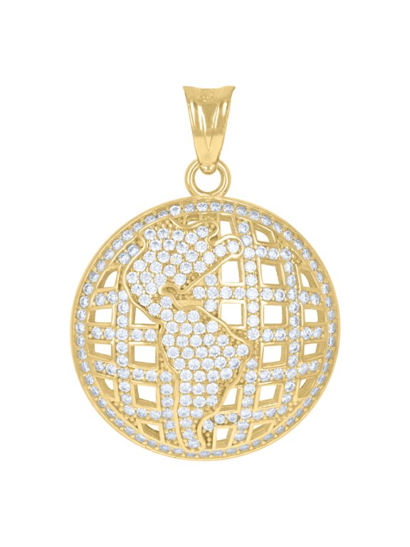 10K Yellow Gold Round Cut CZ Men's 1.35" Domed Charm World Map Globe Pendant