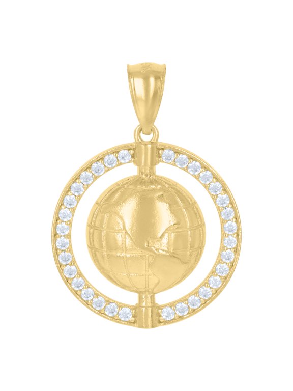 10K Yellow Gold Round Cut CZ Men's 1" Circle Frame Charm World Map Globe Pendant
