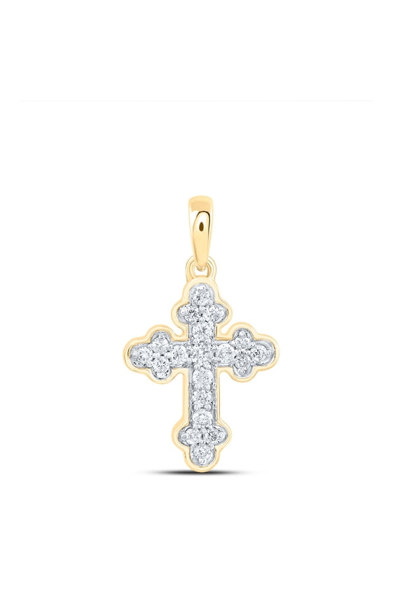 10K Yellow Gold Round Cut Diamond Women's Budded Cross Mini Pendant 1/8 CT.