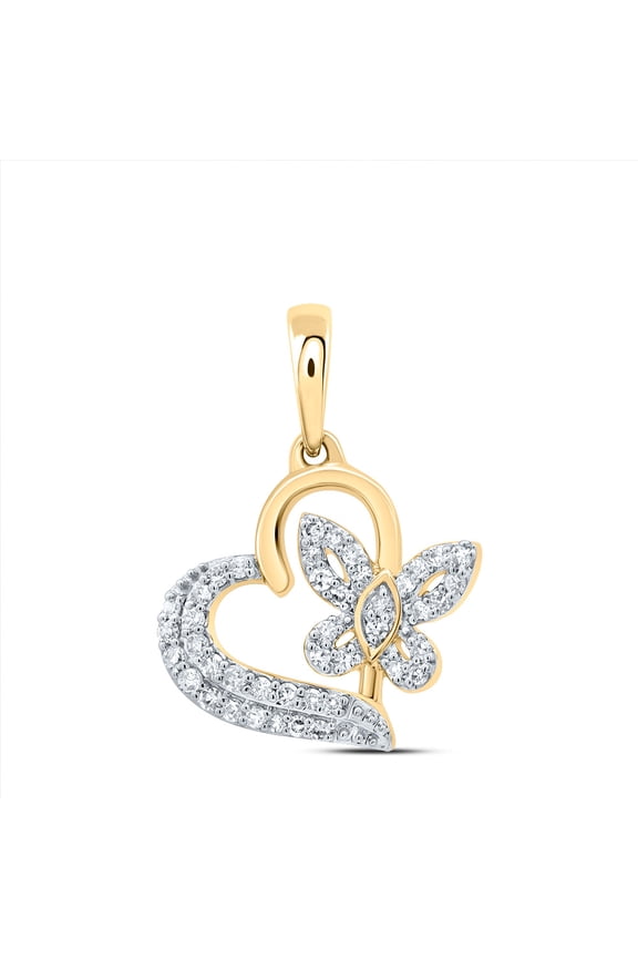 10K Yellow Gold Round Cut Diamond Women's Slanted Heart w/ Butterfly Pendant 1/8 CT.
