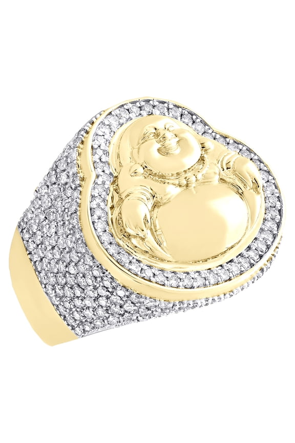 10K Yellow Gold Round Diamond 3D Laughing Buddha 23mm Pinky Ring Band 1.62 CT.