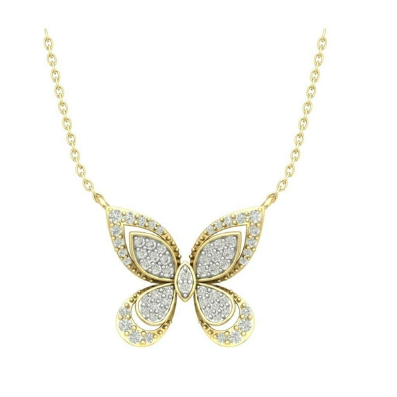 10K Yellow Gold Round Diamond Butterfly Pendant with Gold Plated Silver Chain Necklace (1/3 cttw, I-J Color, I2-I3 Clarity), 18"