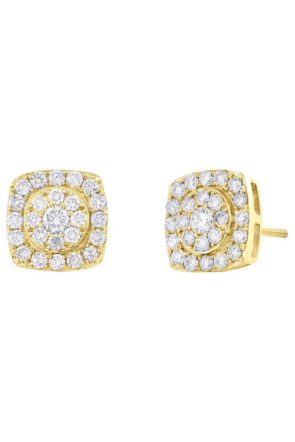 10K Yellow Gold Round Diamond Cluster Frame Stud 10mm Pave Earrings 1.35 CT.