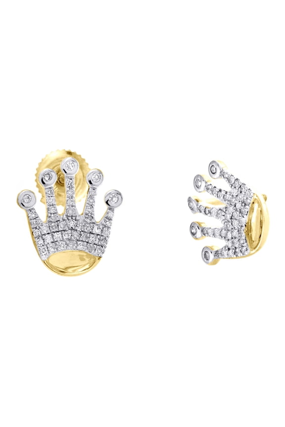10K Yellow Gold Round Diamond Crown King Cluster Stud 13mm Pave Earrings 1/4 CT.