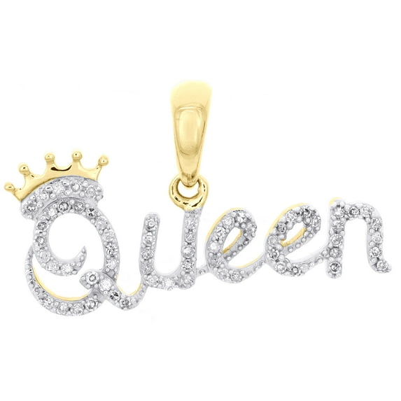 10K Yellow Gold Round Diamond Crown Queen Statement Pendant 0.65" Charm 1/6 CT.