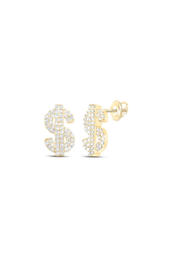 10K Yellow Gold Round Diamond Dollar Sign Stud Earrings 1/3 Cttw