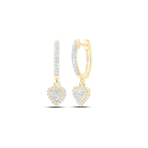 10K Yellow Gold Round Diamond Heart Hoop Dangle Earrings 0.25cttw