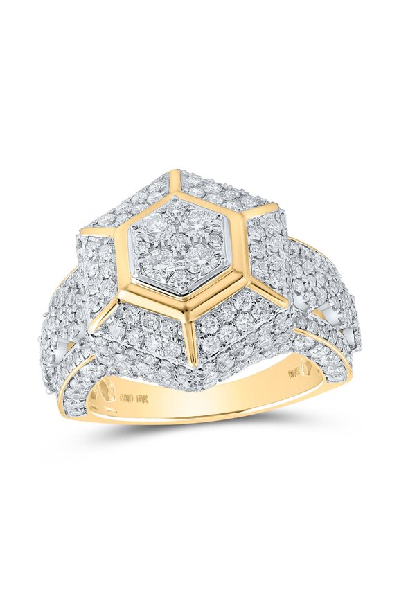 10K Yellow Gold Round Diamond Hexagon Cluster Ring 3.6cttw
