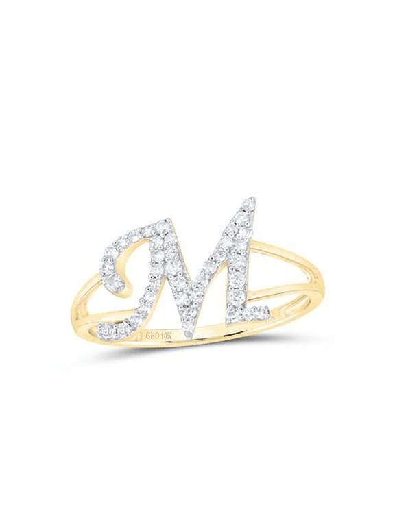 10K Yellow Gold Round Diamond Letter / Initital "M" Splilt Shank Ring 1/5 CT.