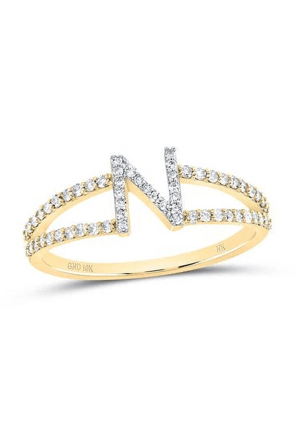 10K Yellow Gold Round Diamond Letter / Initital "N" Splilt Shank Ring 1/4 CT.
