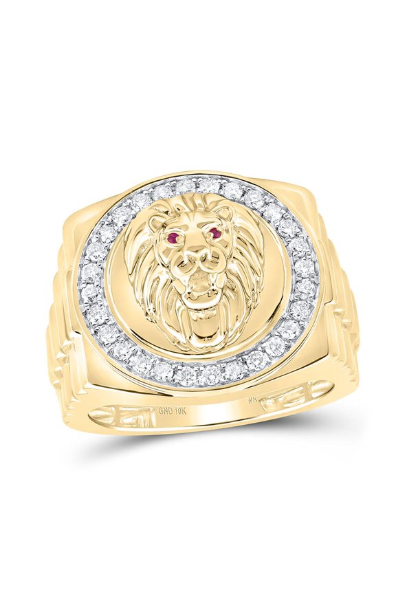 10K Yellow Gold Round Diamond Lion Face Circle Ring 0.50cttw