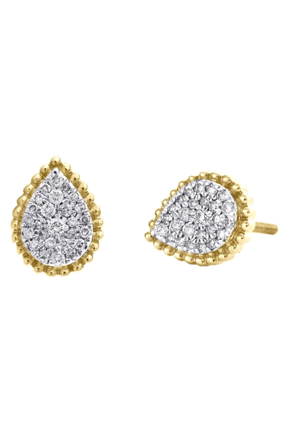 10K Yellow Gold Round Diamond Milgrain Teardrop Frame Studs 10mm Earrings 1/4 CT