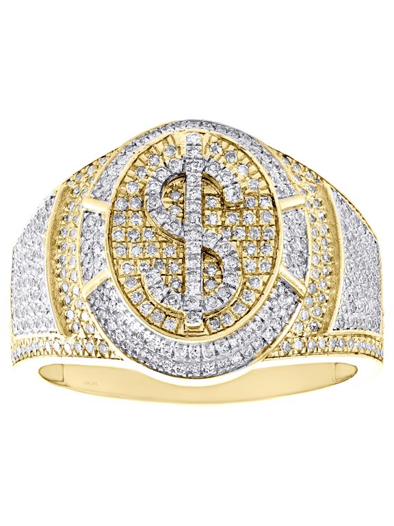 10K Yellow Gold Round Diamond Money Dollar Sign Pinky Ring 17mm Band 0.95 CT.