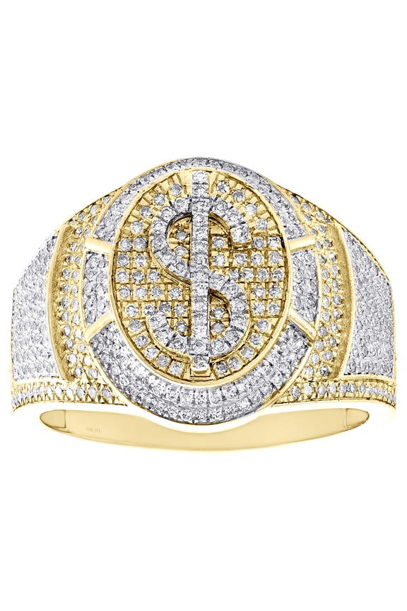 10K Yellow Gold Round Diamond Money Dollar Sign Pinky Ring 17mm Band 0.95 CT.