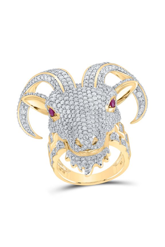 10K Yellow Gold Round Diamond Ruby Goat Ram Animal Ring 6cttw