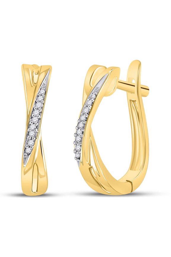 10K Yellow Gold Round Diamond Slender Crossover Hoop Earrings 0.05cttw