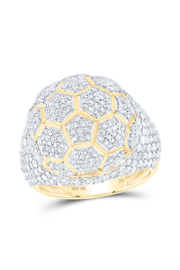 10K Yellow Gold Round Diamond Soccer Ball Ring 3.4cttw
