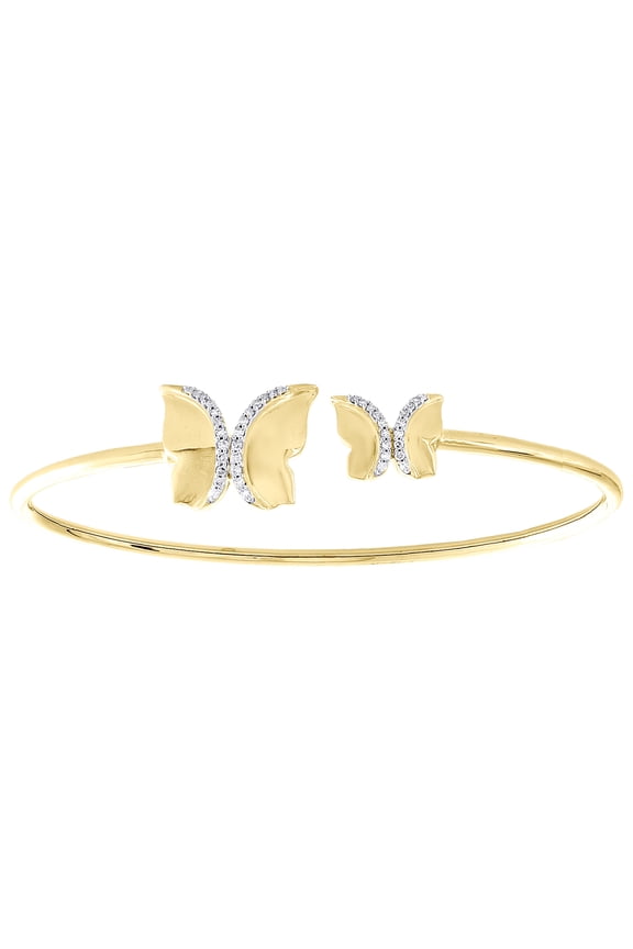 10K Yellow Gold Round Diamond Statement Butterfly Bangle Pave Bracelet 1/6 CT.