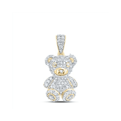 10K Yellow Gold Round Diamond Teddy Bear Statement Pendant 0.85" Charm 3/8 CT.
