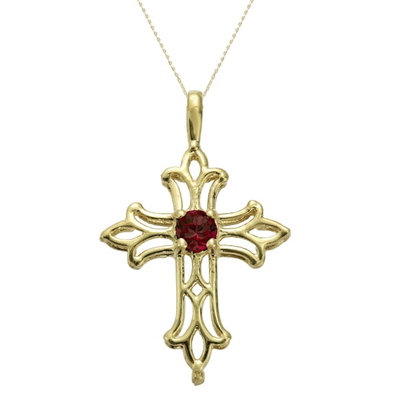 10K Yellow Gold Round Natural Garnet Cross Pendant Necklace - 3mm