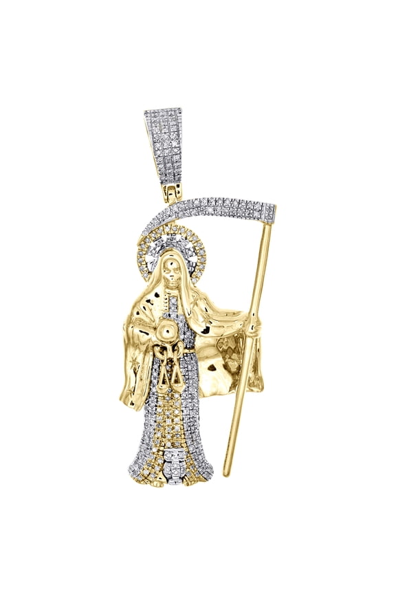 10K Yellow Gold Round Pave Diamond Grim Reaper Death Pendant 1.75" Charm 0.47 CT.