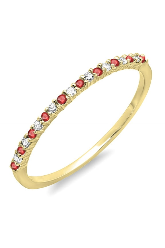10K Yellow Gold Round Ruby & White Diamond Anniversary Wedding Band Stackable Ring, Size 6