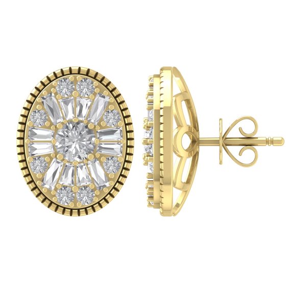 10K Yellow Gold Round and Baguette Diamond Stud Earrings (1 1/4 cttw, I-J Color, I2-I3 Clarity)