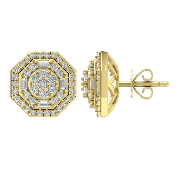 10K Yellow Gold Round and Baguette Diamond Stud Earrings (1/2 cttw, I-J Color, I2-I3 Clarity)