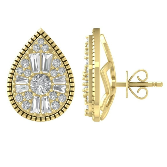 10K Yellow Gold Round and Baguette Diamond Stud Earrings (1 cttw, I-J Color, I2-I3 Clarity)