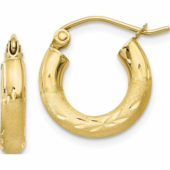 10K Yellow Gold Satin & Diamond-Cut 3mm Round Hoop Earrings (14 X 14) Made In Peru 10tc292