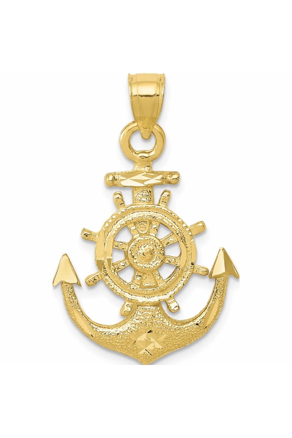 10K Yellow Gold Satin Diamond-cut Anchor with Ships Wheel Pendant