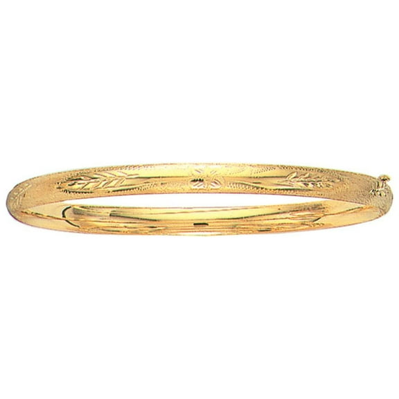 10K Yellow Gold Shiny High Dome Flex Florentine Bangle with Pattern 7"