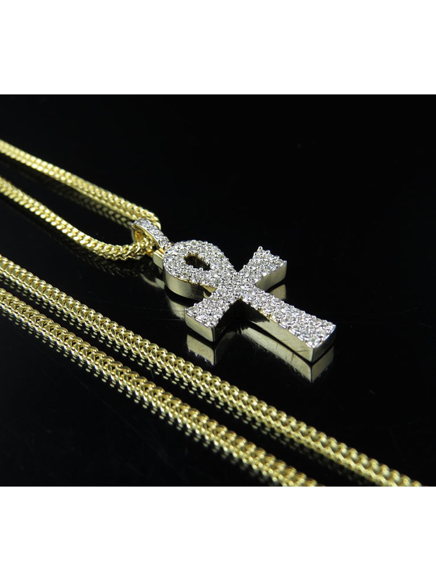 JEWELRY UNLIMITED 10K Yellow Gold Solid Ankh Cross Real Diamond Pendant Charm Chain Combo 0.50ct