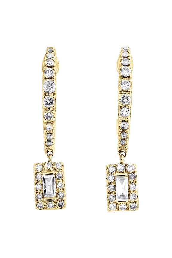 10K Yellow Gold Solitaire Diamond Rectangle Drop Dangler Hoop Earrings 0.33 Ct.