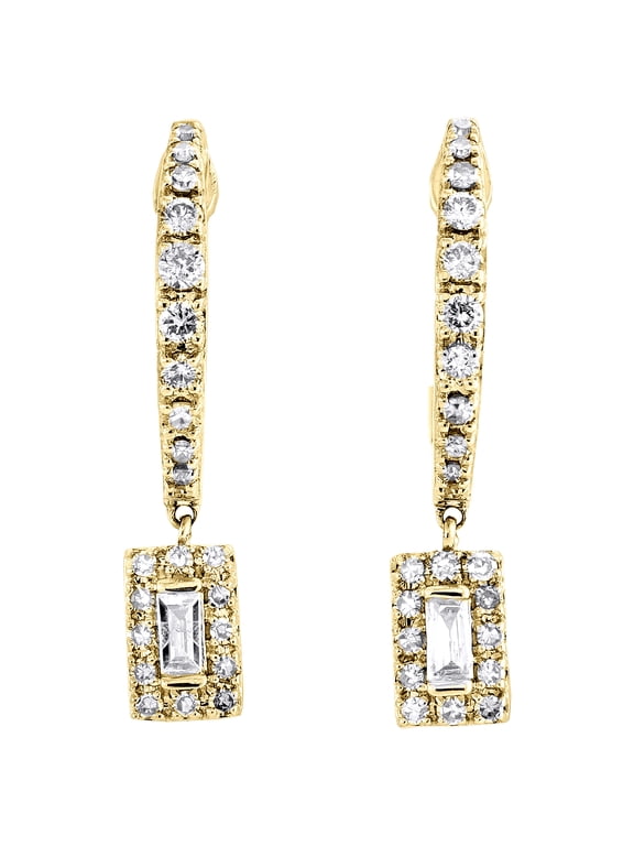 10K Yellow Gold Solitaire Diamond Rectangle Drop Dangler Hoop Earrings 0.33 Ct.