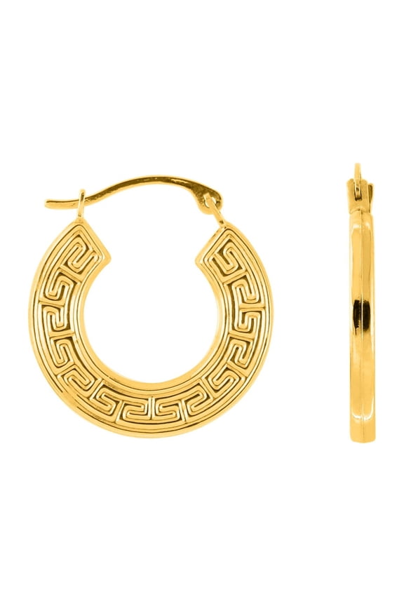 10K Yellow Gold Textured Greek Key Pattern Round Hoop Earrings with with Hinged by IcedTime