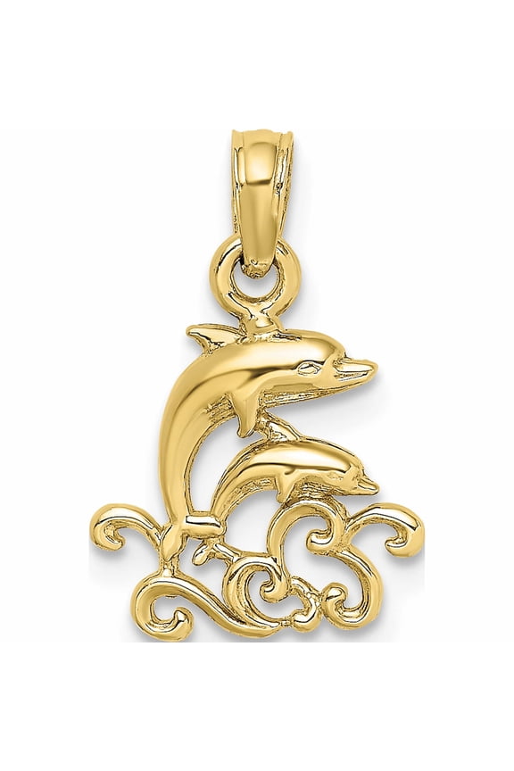10K Yellow Gold Textured Mini Double Dolphins And Waves Charm (10.95 X 11.85) Made In United States -Jewelry By Sweet Pea