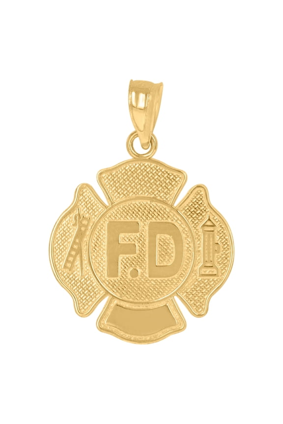 10K Yellow Gold Textured Unisex Fire Department Badge Charm Pendant