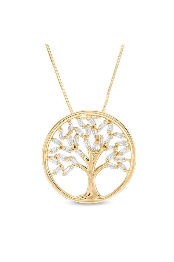 10K Yellow Gold Tree Pendant with Baguette Cut Diamonds on 18 Inch Box Chain
