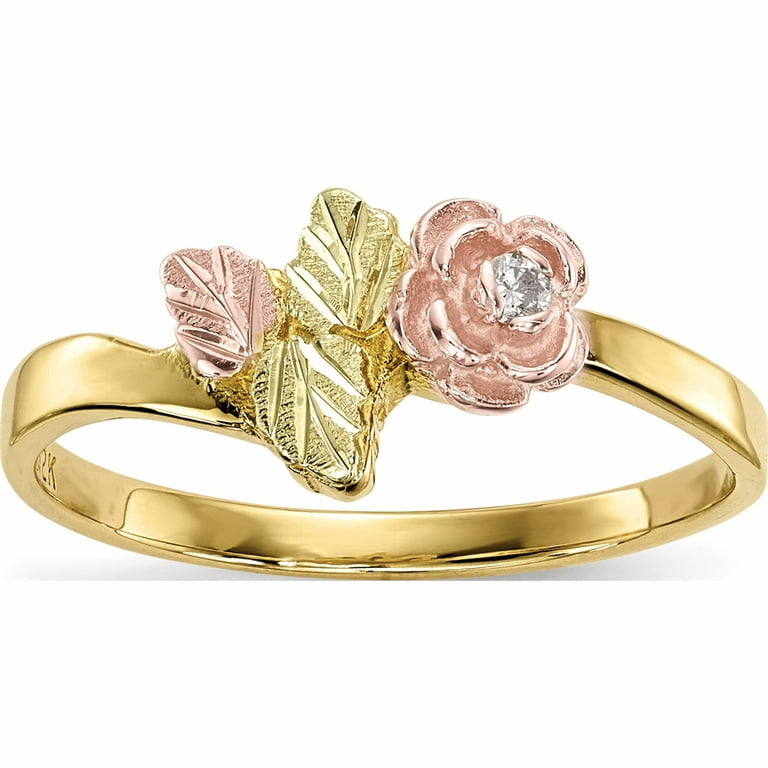 10K Yellow Gold Tri Color Black Hills Diamond Rose Ring Size 7