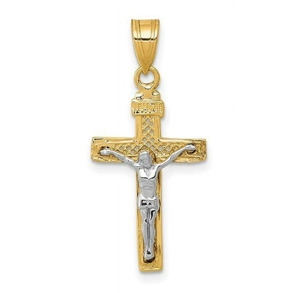 10K Yellow Gold Two-Tone Diamond-Cut Small Block Lattice Cross with Crucifix Pendant