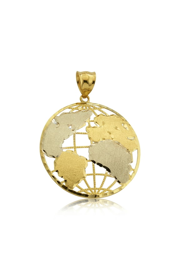 10K Yellow Gold Two Toned World Map Globe Charm Pendant (1.90" x 1.35")